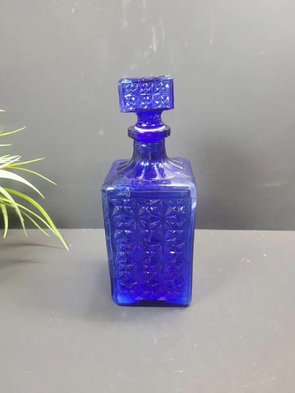 Vintage MCM Cobalt Decanter, Pressed Glass Square Bottle & Stopper